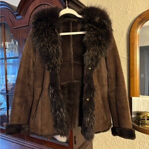 Women's Brown Shearling Trim Suede Jacket